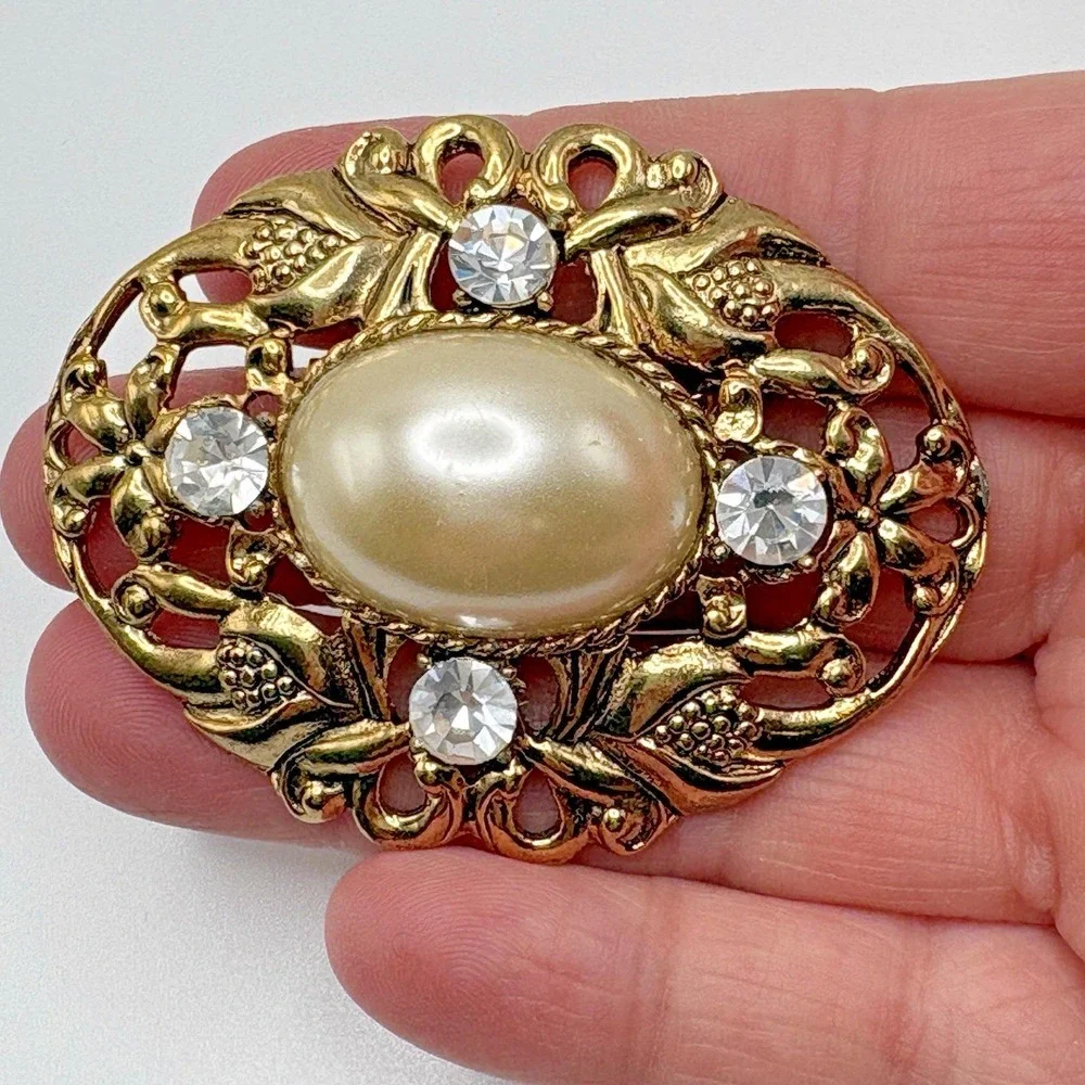 Vintage Victorian Revival Brooch Faux Pearl Scrollwork Floral Gold Tone